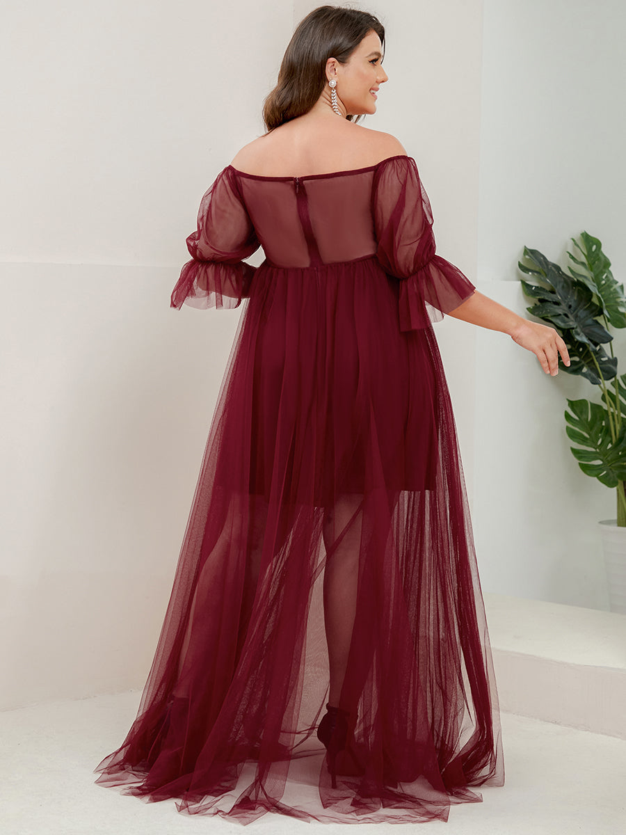 Color=Burgundy | A Line Short Puff Sleeves Wholesale Maternity Dresses-Burgundy 2