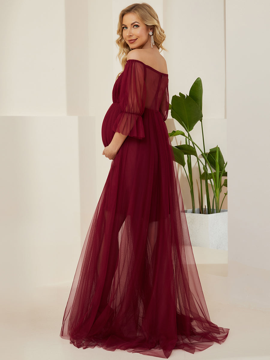 Color=Burgundy | A Line Short Puff Sleeves Wholesale Maternity Dresses-Burgundy 2
