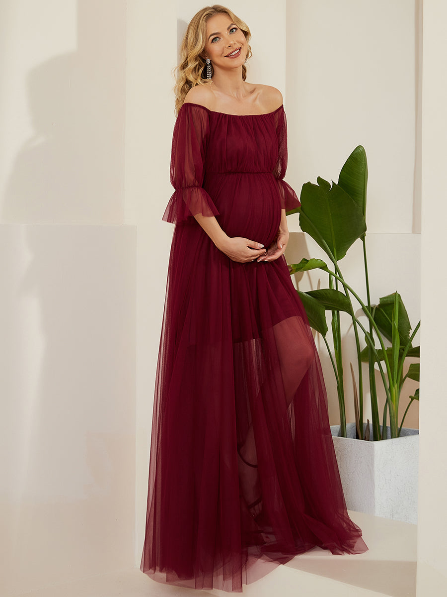 Color=Burgundy | A Line Short Puff Sleeves Wholesale Maternity Dresses-Burgundy 3