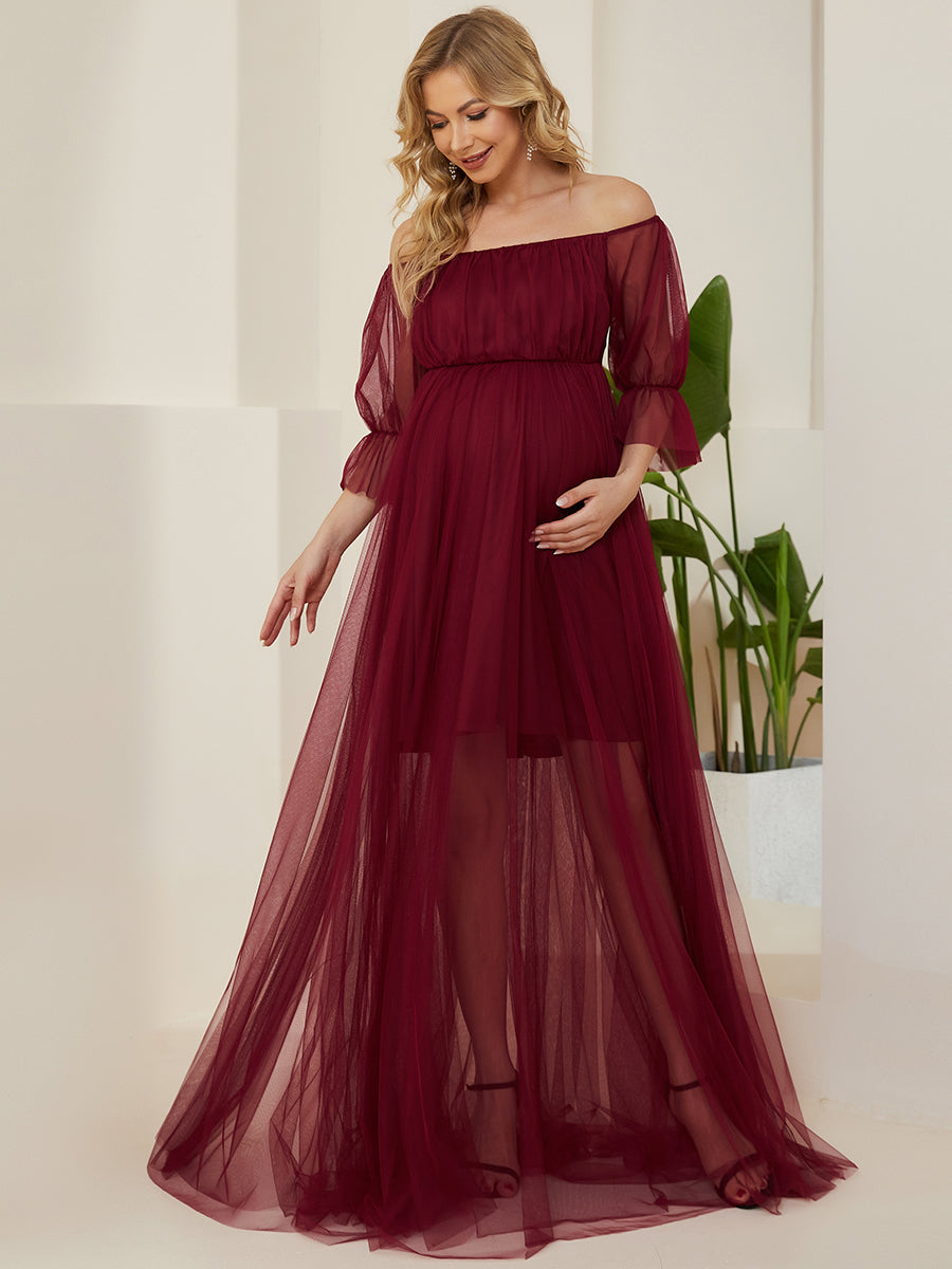 Color=Burgundy | A Line Short Puff Sleeves Wholesale Maternity Dresses-Burgundy 1