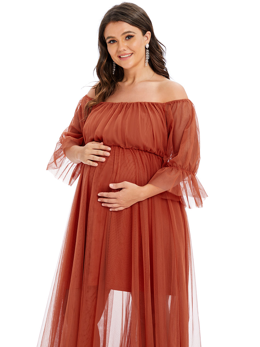 Color=Burnt Orange | A Line Short Puff Sleeves Wholesale Maternity Dresses-Burnt Orange 5