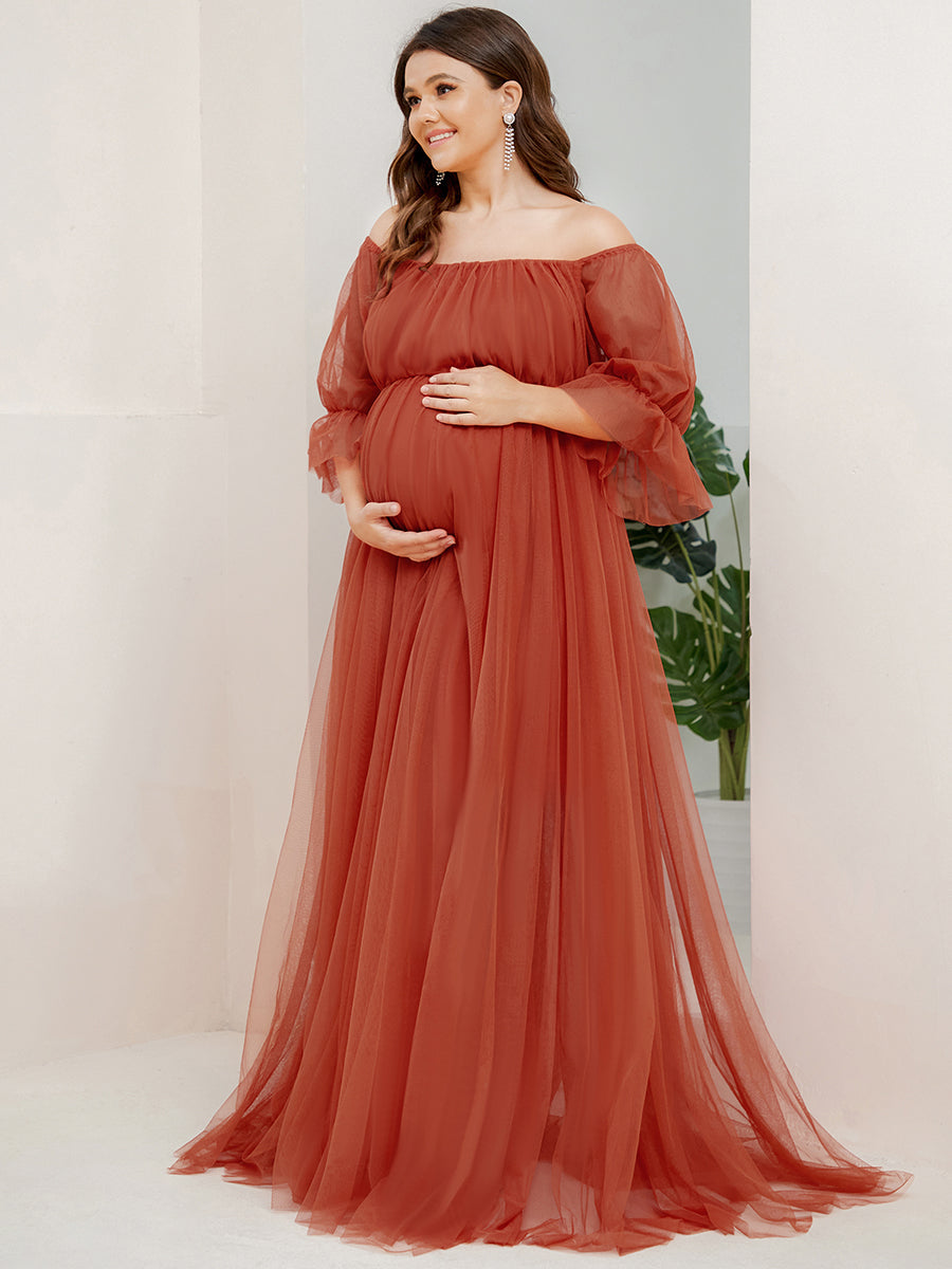 Color=Burnt Orange | A Line Short Puff Sleeves Wholesale Maternity Dresses-Burnt Orange 3