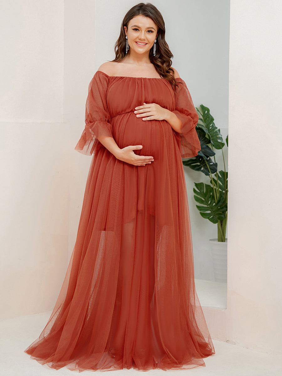 Color=Burnt Orange | A Line Short Puff Sleeves Wholesale Maternity Dresses-Burnt Orange 4