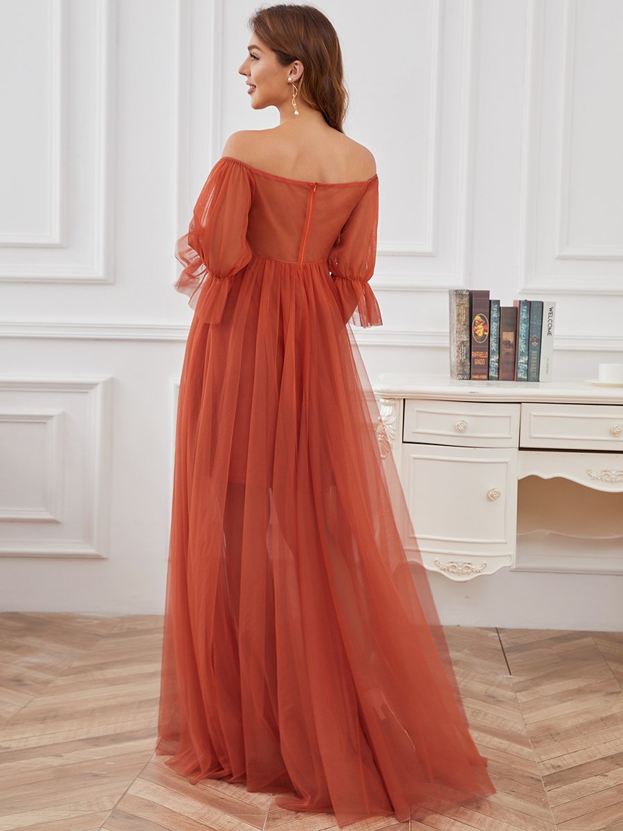 Color=Burnt Orange | A Line Short Puff Sleeves Wholesale Maternity Dresses-Burnt Orange 4