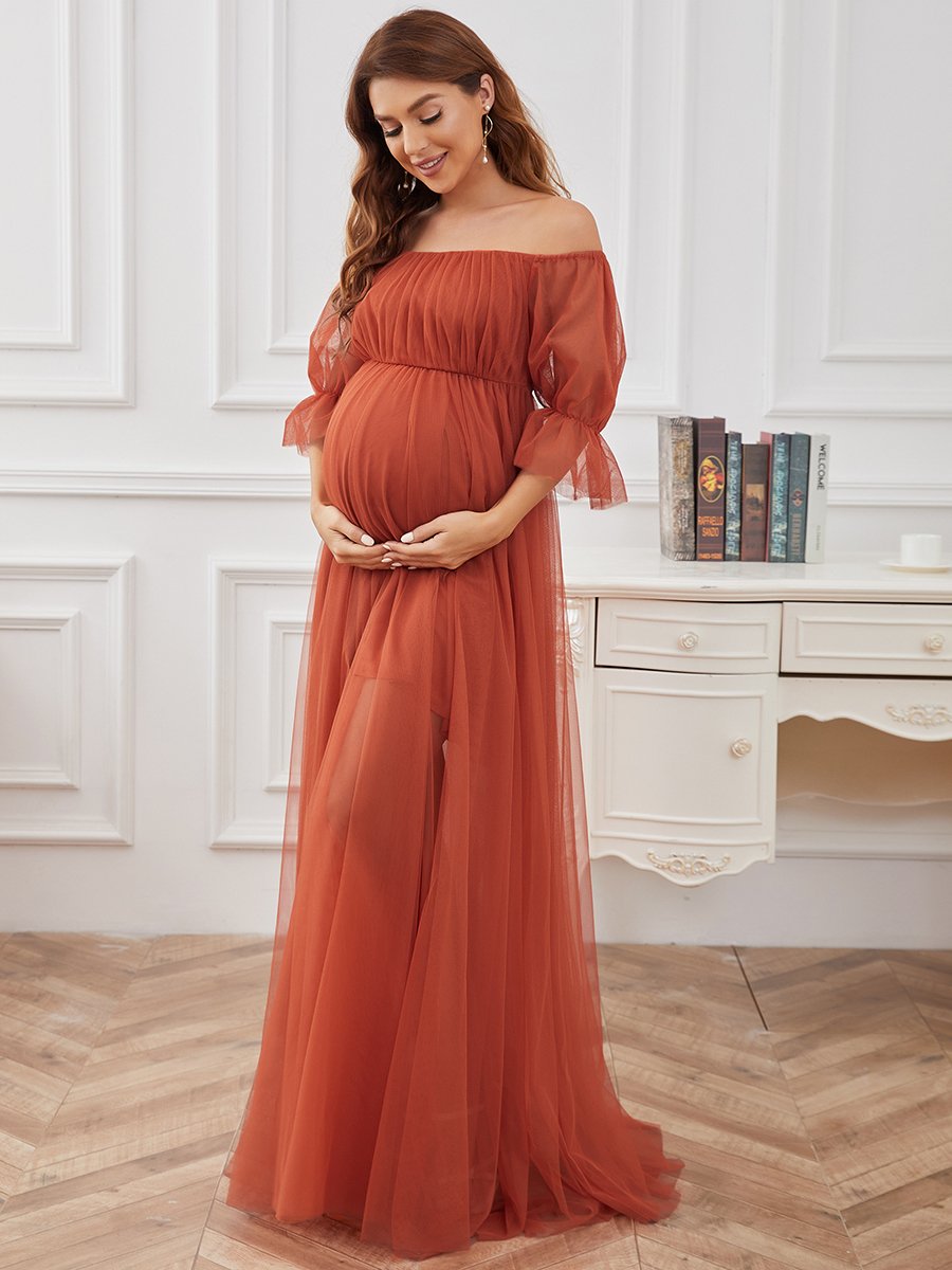 Color=Burnt Orange | A Line Short Puff Sleeves Wholesale Maternity Dresses-Burnt Orange 2