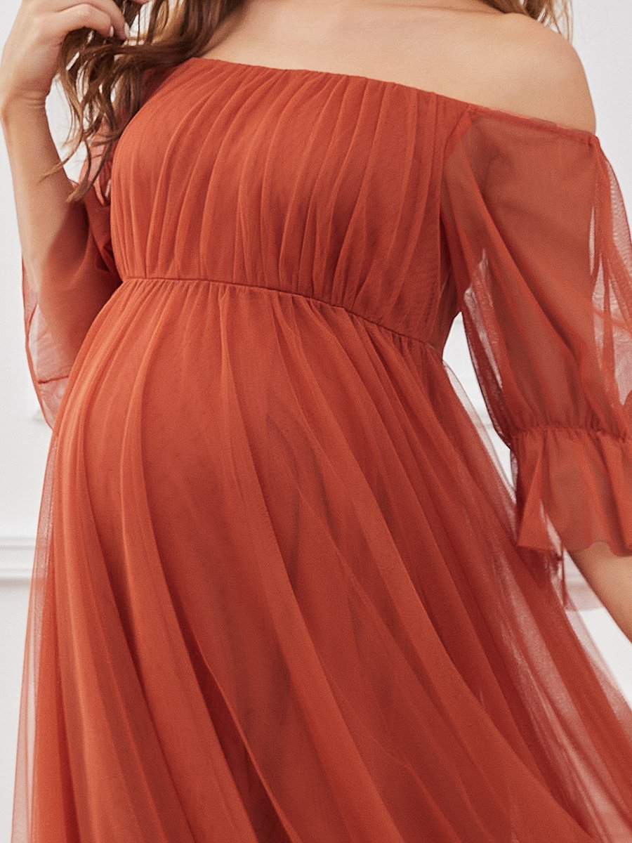 Color=Burnt Orange | A Line Short Puff Sleeves Wholesale Maternity Dresses-Burnt Orange 5