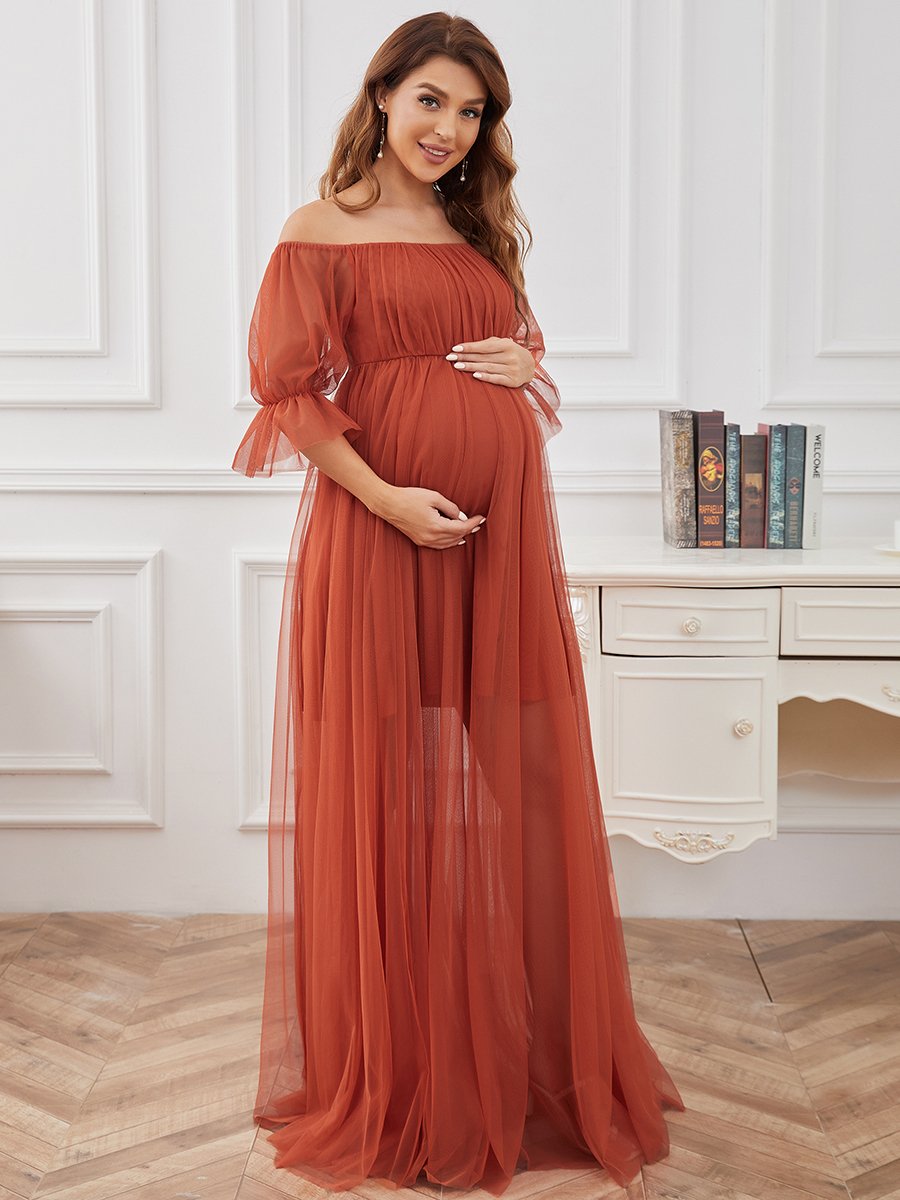 Color=Burnt Orange | A Line Short Puff Sleeves Wholesale Maternity Dresses-Burnt Orange 1