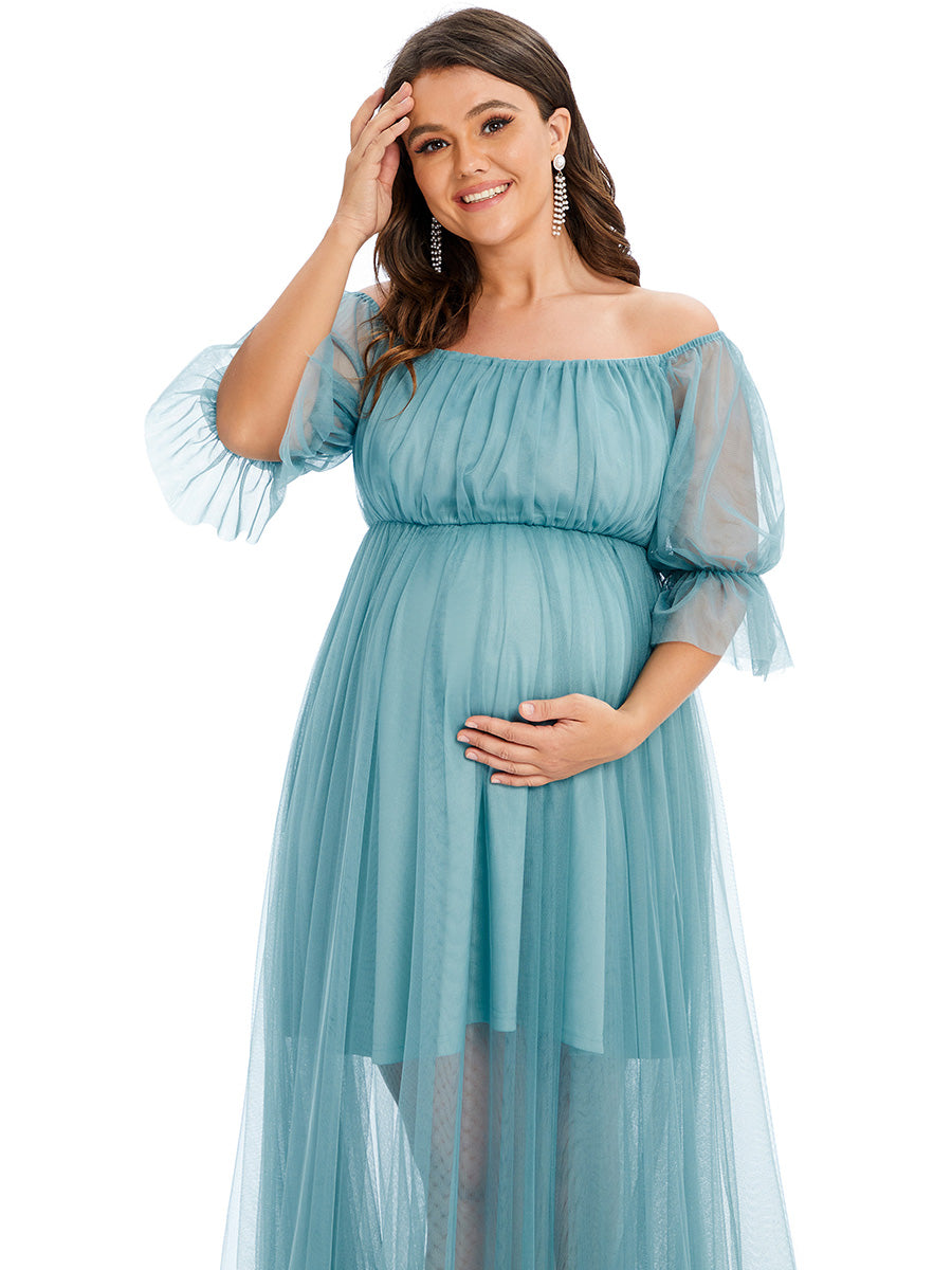 Color=Dusty blue | A Line Short Puff Sleeves Wholesale Maternity Dresses-Dusty blue 5