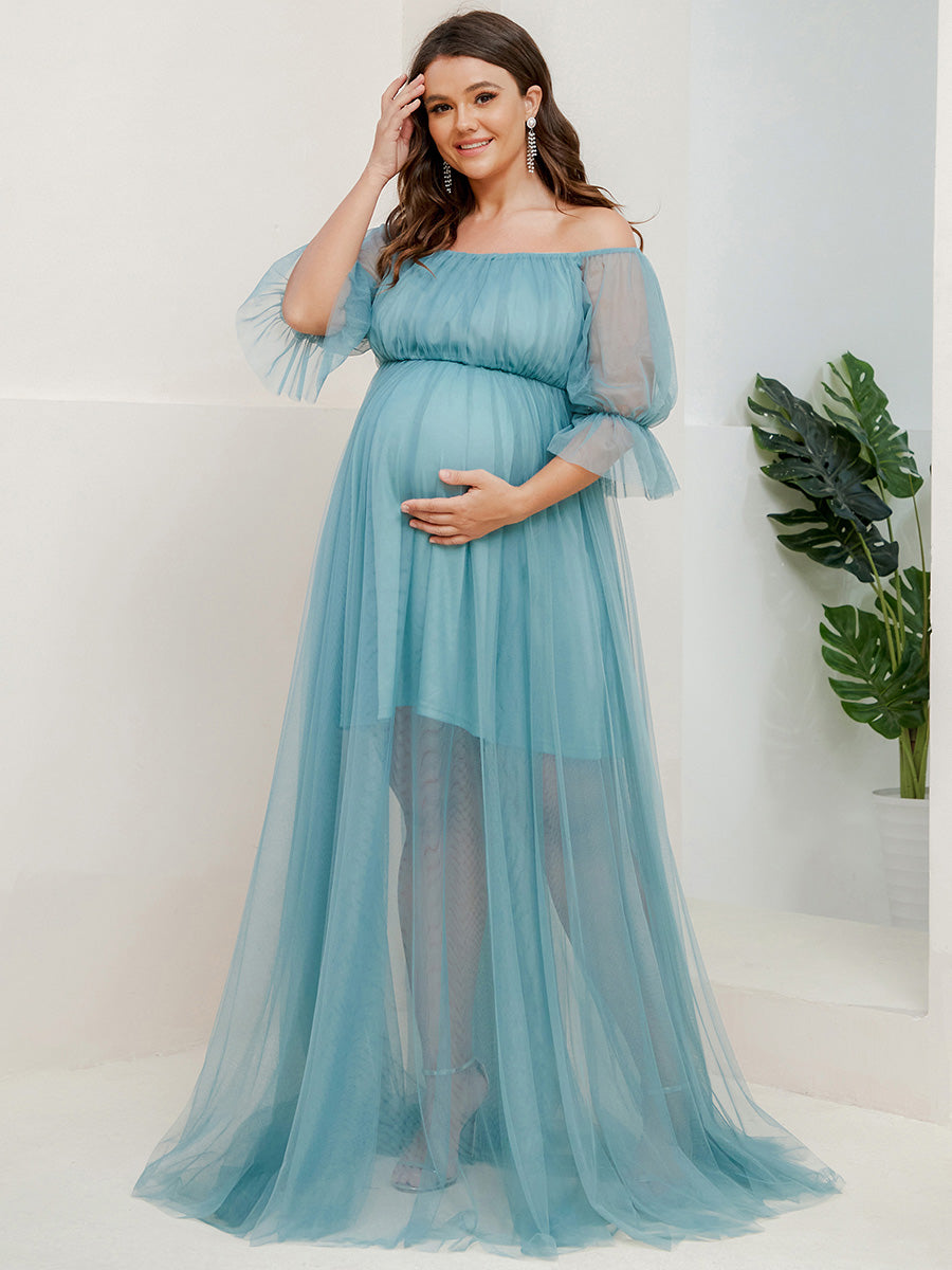Color=Dusty blue | A Line Short Puff Sleeves Wholesale Maternity Dresses-Dusty blue 1