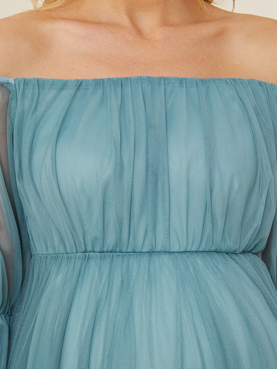 Color=Dusty blue | A Line Short Puff Sleeves Wholesale Maternity Dresses-Dusty blue 5