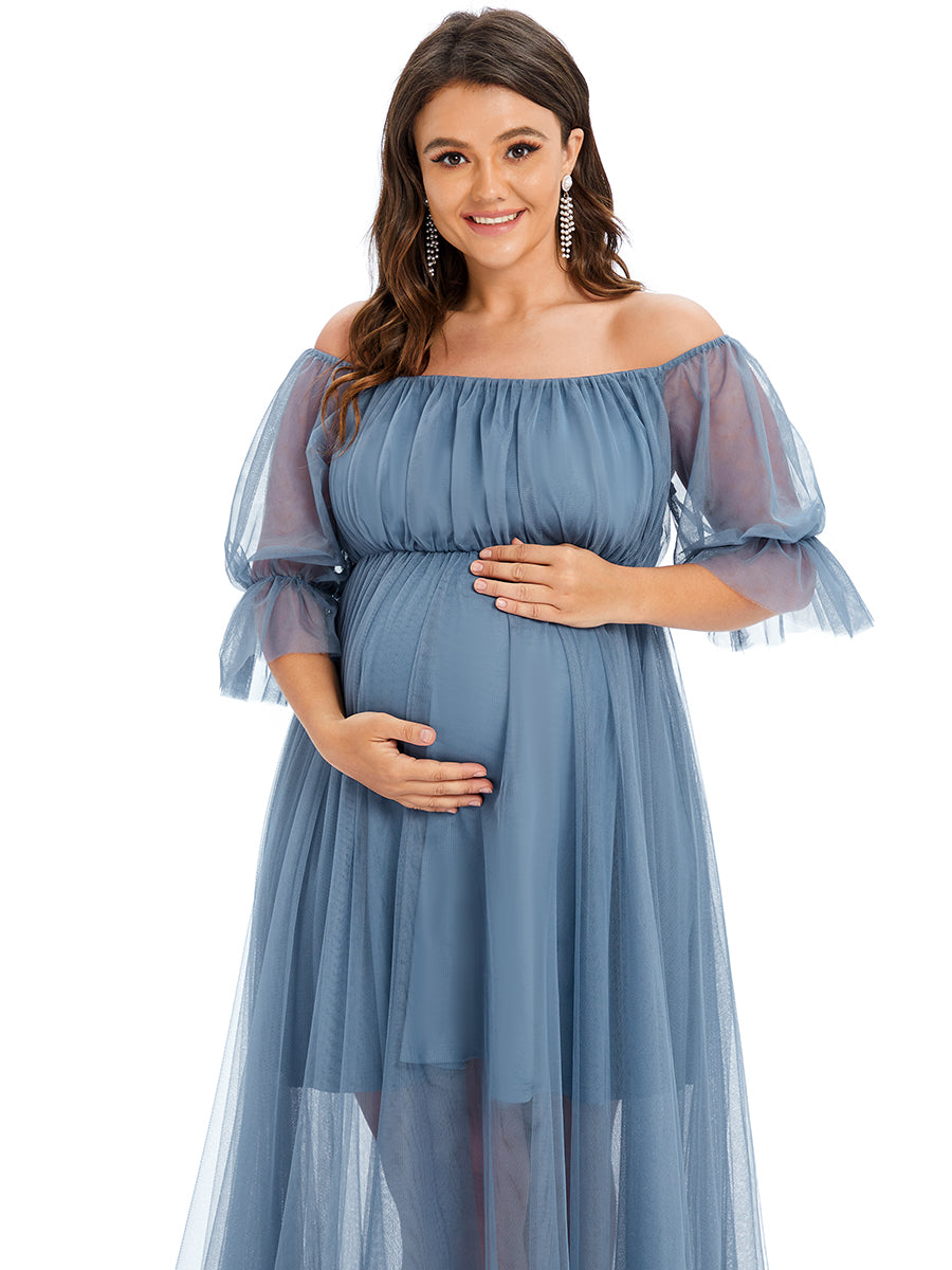 Color=Dusty Blue | A Line Short Puff Sleeves Wholesale Maternity Dresses-Dusty Blue 5