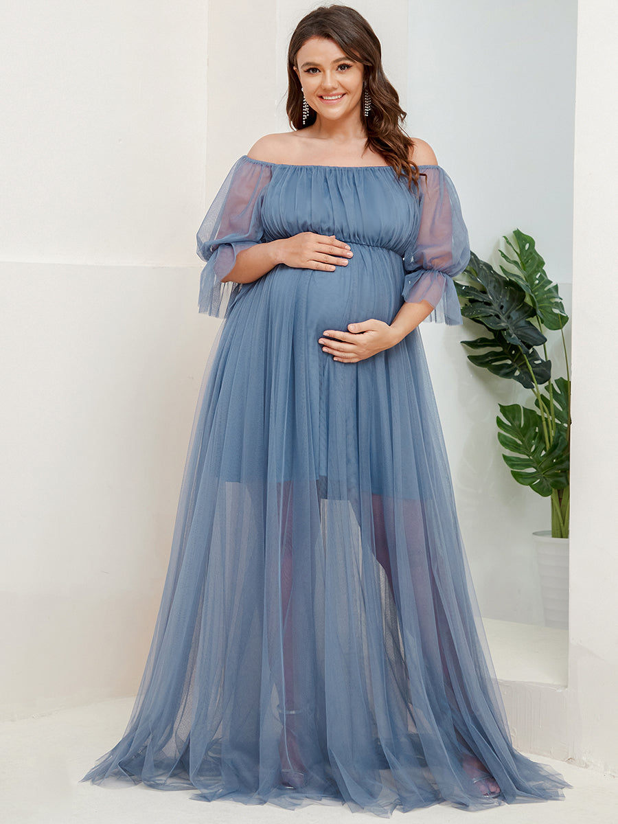 Color=Dusty Blue | A Line Short Puff Sleeves Wholesale Maternity Dresses-Dusty Blue 1