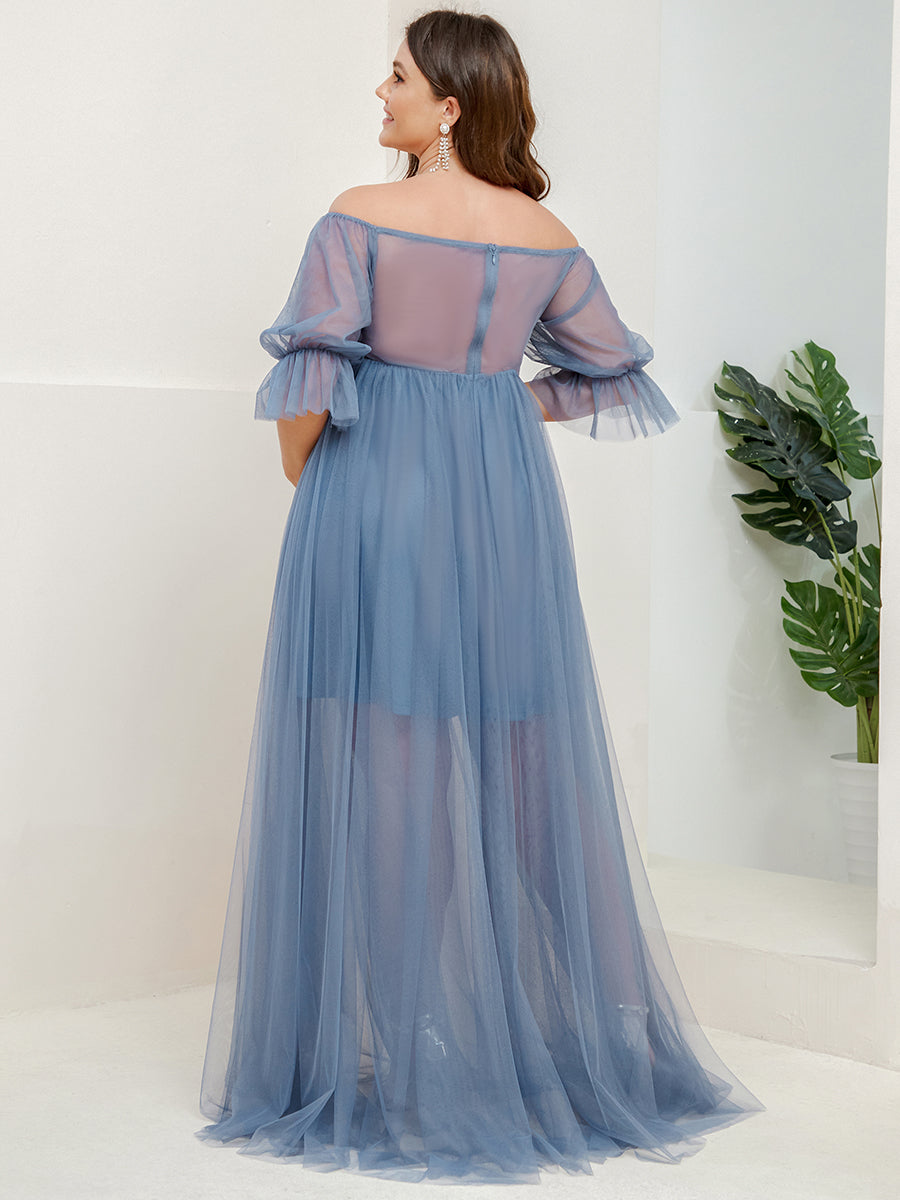 Color=Dusty Blue | A Line Short Puff Sleeves Wholesale Maternity Dresses-Dusty Blue 2