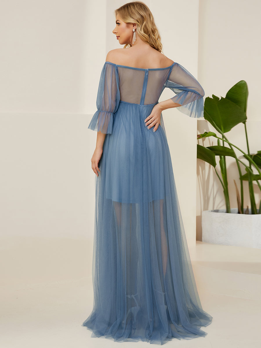 Color=Dusty Blue | A Line Short Puff Sleeves Wholesale Maternity Dresses-Dusty Blue 2