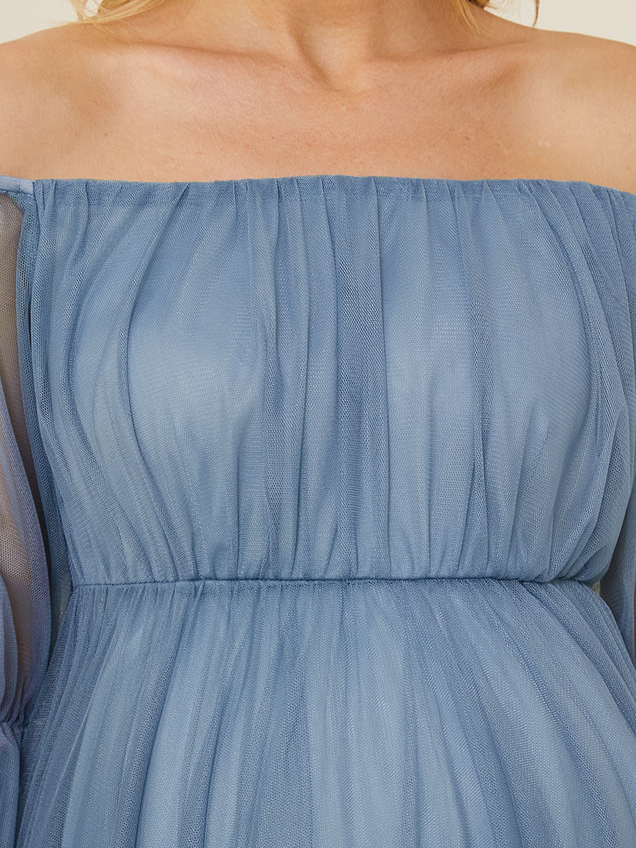 Color=Dusty Blue | A Line Short Puff Sleeves Wholesale Maternity Dresses-Dusty Blue 5