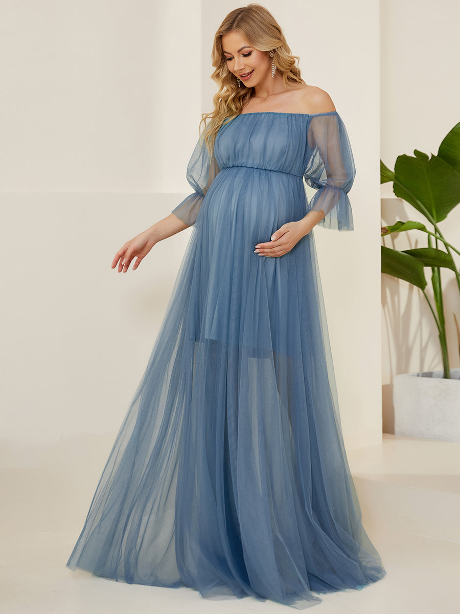 Color=Dusty Blue | A Line Short Puff Sleeves Wholesale Maternity Dresses-Dusty Blue 1