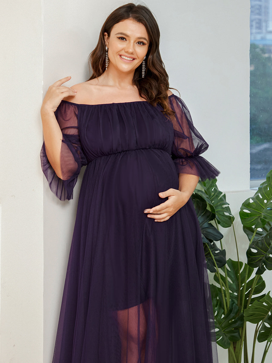 Color=Dark Purple | A Line Short Puff Sleeves Wholesale Maternity Dresses-Dark Purple 5