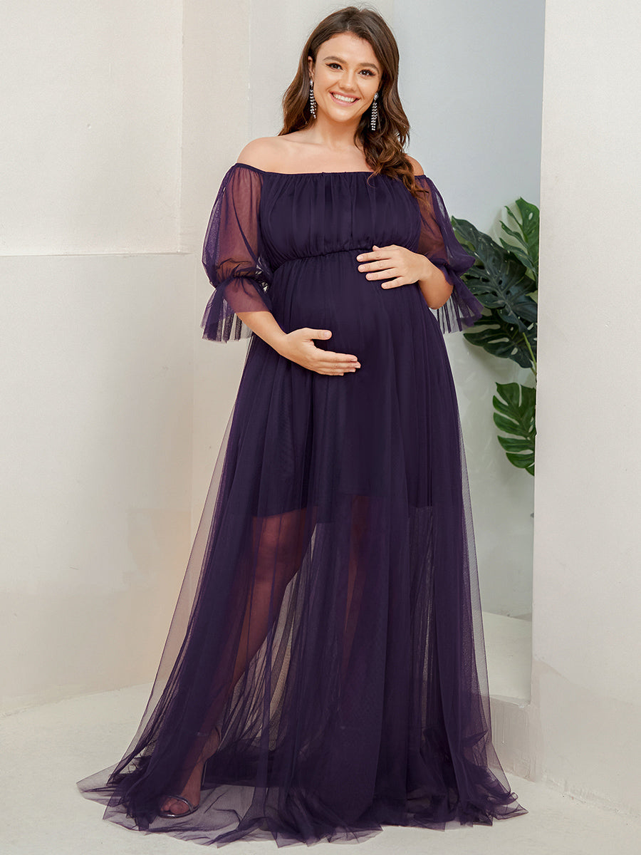 Color=Dark Purple | A Line Short Puff Sleeves Wholesale Maternity Dresses-Dark Purple 1