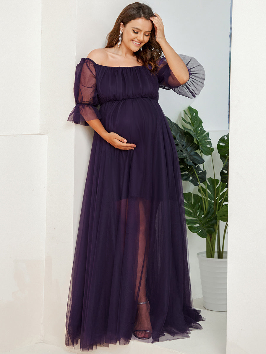 Color=Dark Purple | A Line Short Puff Sleeves Wholesale Maternity Dresses-Dark Purple 3
