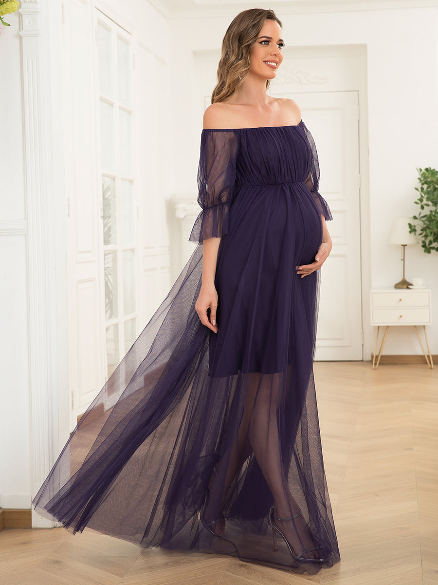 Color=Dark Purple | A Line Short Puff Sleeves Wholesale Maternity Dresses-Dark Purple 3