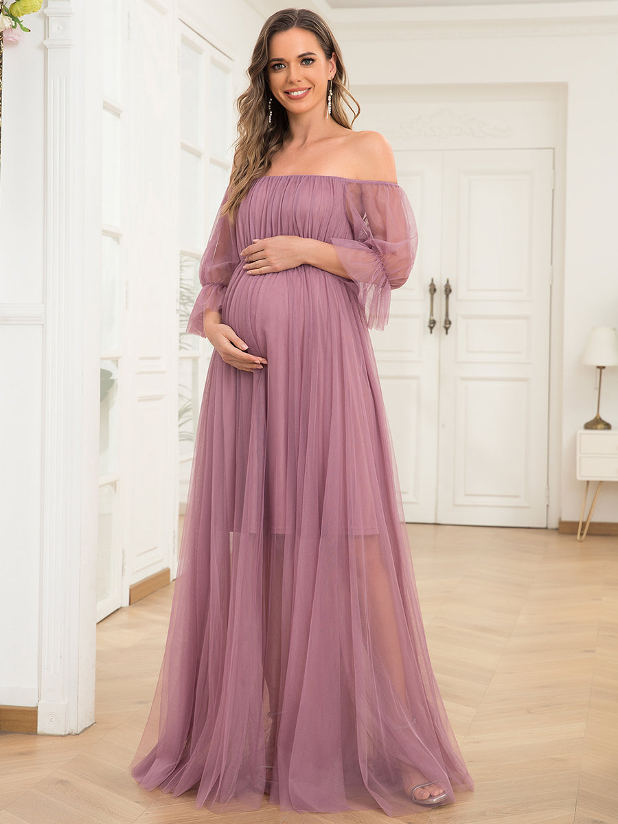 Color=Orchid | A Line Short Puff Sleeves Wholesale Maternity Dresses-Orchid 1