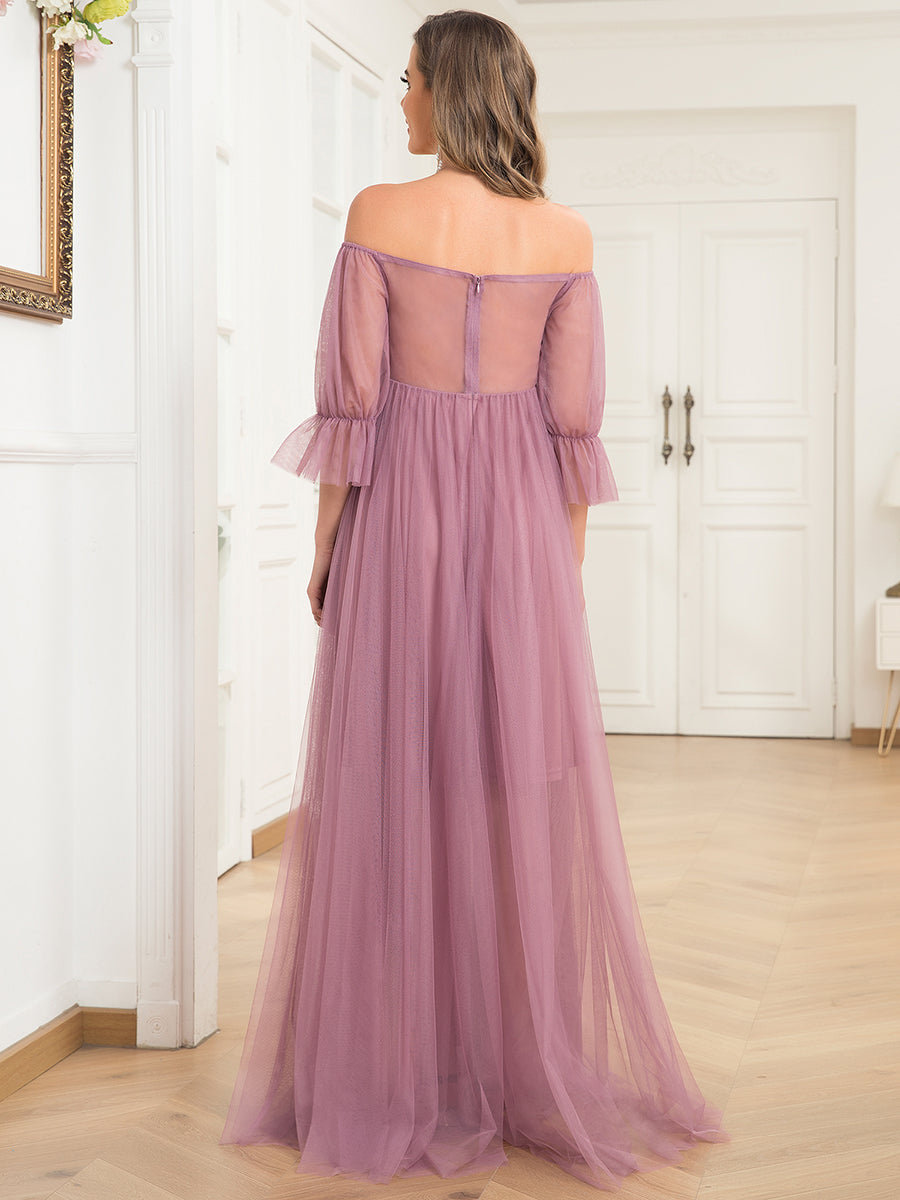 Color=Orchid | A Line Short Puff Sleeves Wholesale Maternity Dresses-Orchid 2