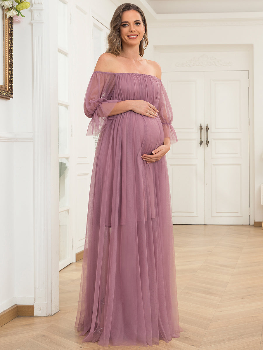 Color=Orchid | A Line Short Puff Sleeves Wholesale Maternity Dresses-Orchid 3