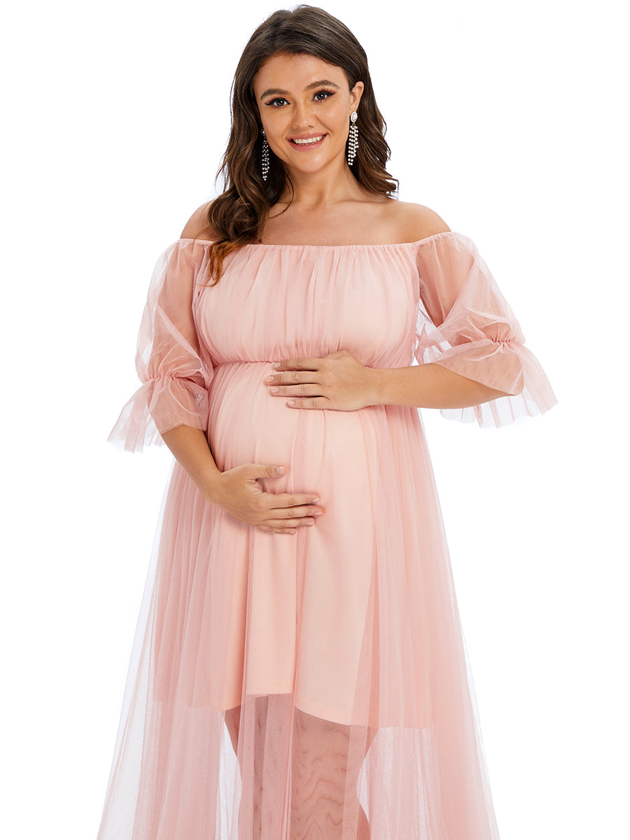 Color=Pink | A Line Short Puff Sleeves Wholesale Maternity Dresses-Pink 5