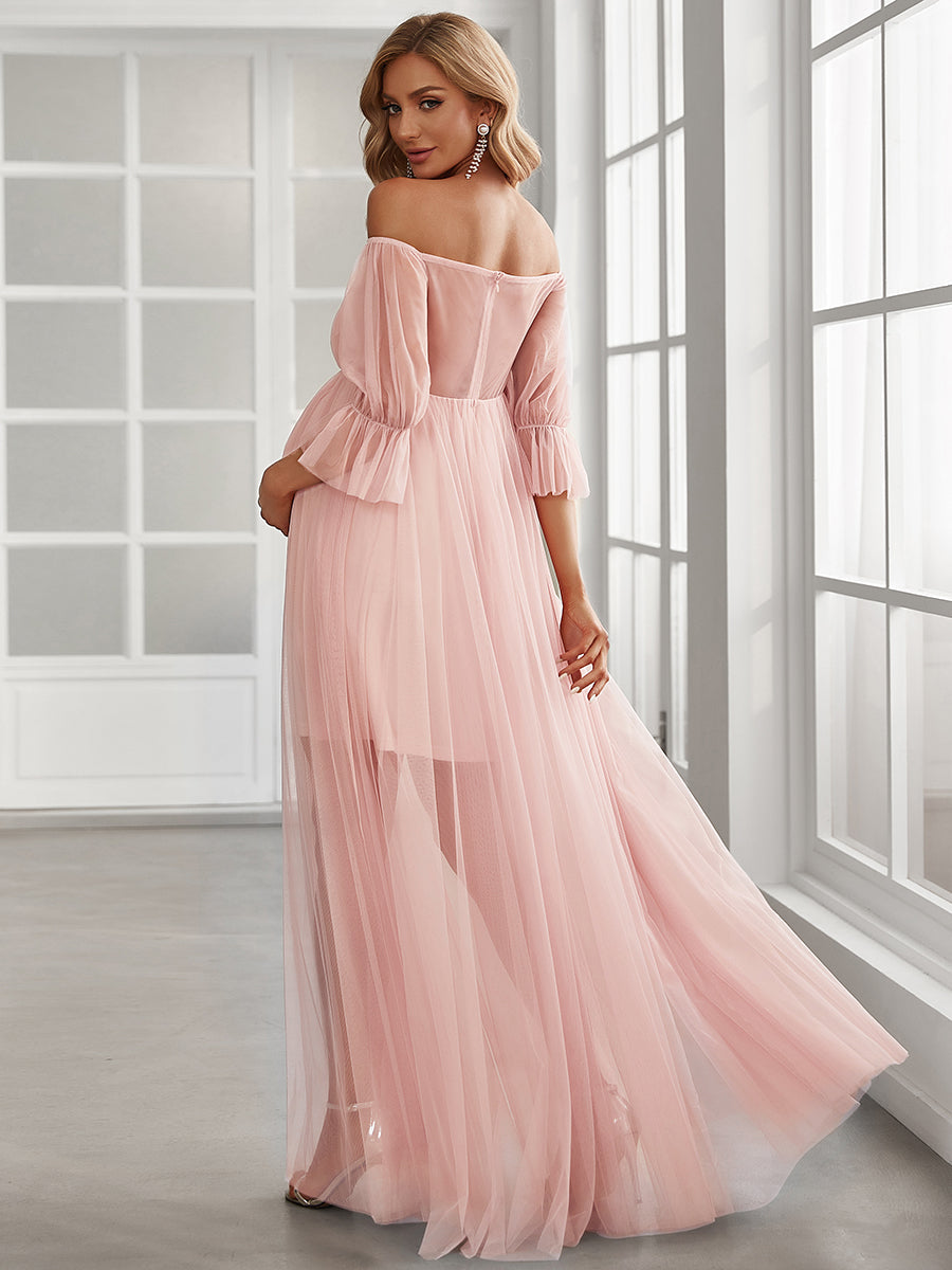 Color=Pink | A Line Short Puff Sleeves Wholesale Maternity Dresses-Pink 2