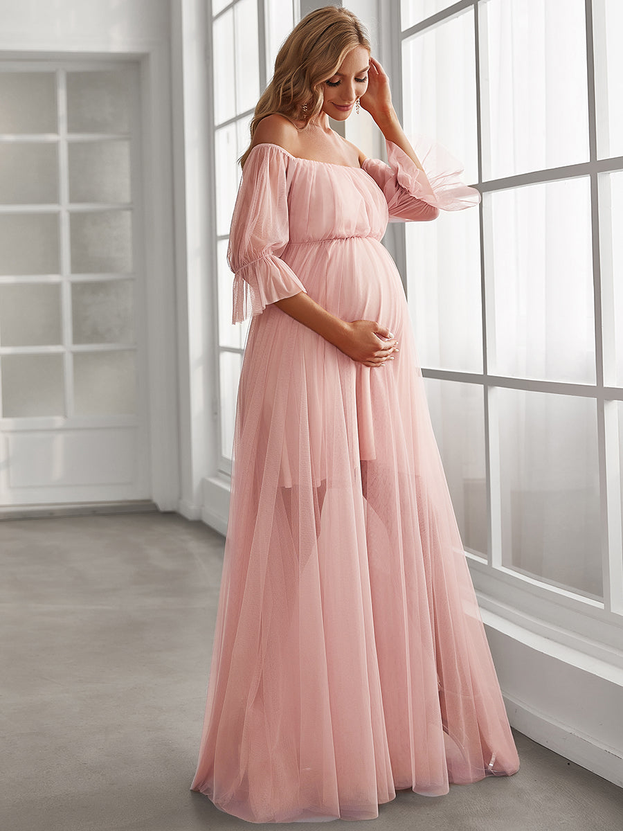Color=Pink | A Line Short Puff Sleeves Wholesale Maternity Dresses-Pink 4