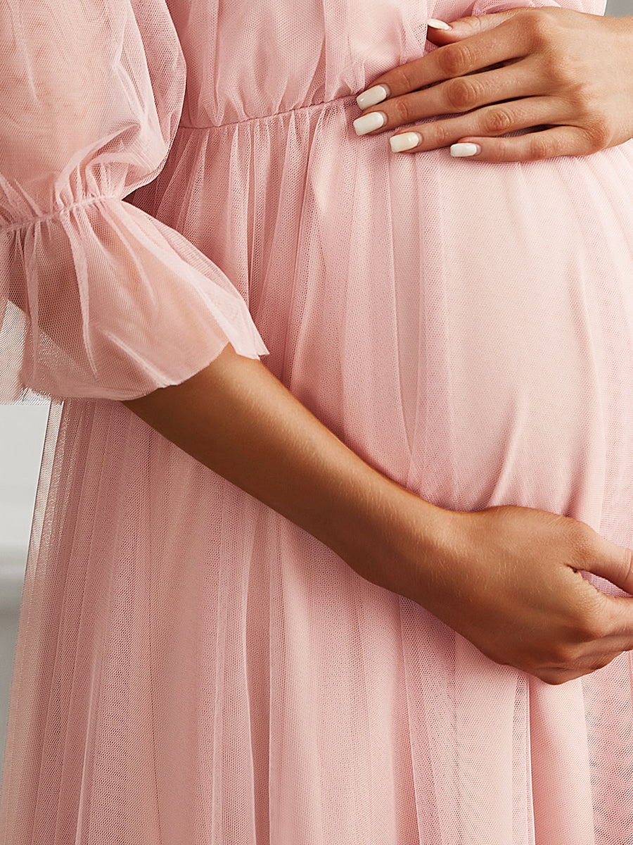 Color=Pink | A Line Short Puff Sleeves Wholesale Maternity Dresses-Pink 5