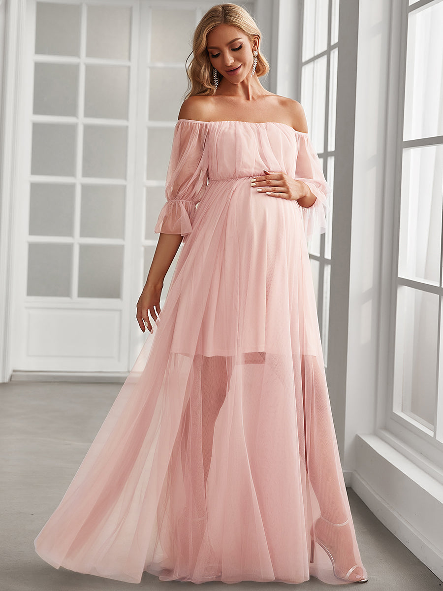 Color=Pink | A Line Short Puff Sleeves Wholesale Maternity Dresses-Pink 1