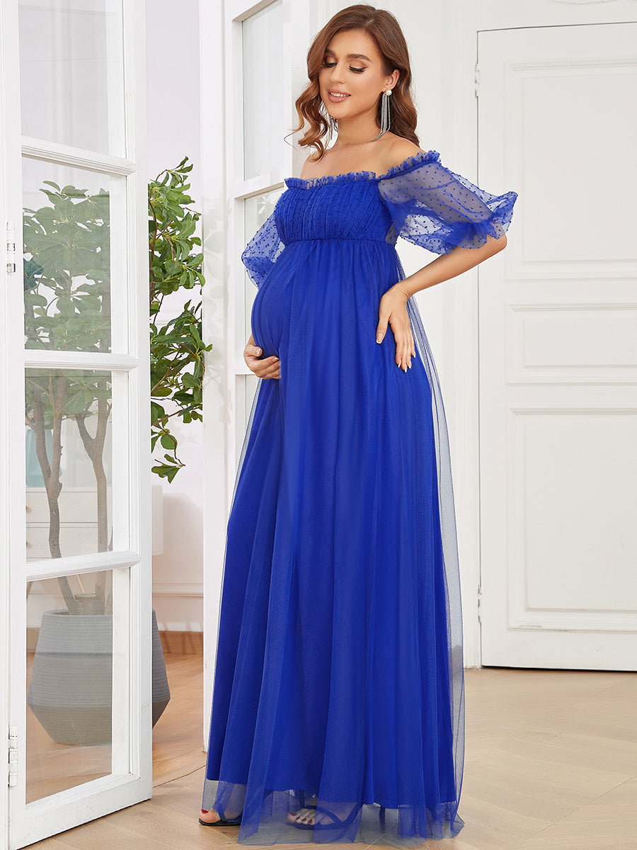 Color=Sapphire Blue | Off Shoulders Puff Sleeves A Line Wholesale Maternity Dresses-Sapphire Blue 2