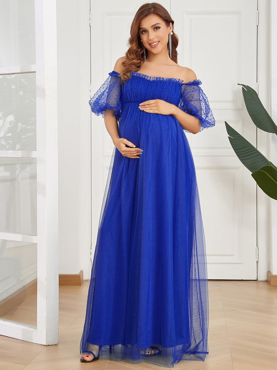 Color=Sapphire Blue | Off Shoulders Puff Sleeves A Line Wholesale Maternity Dresses-Sapphire Blue 1