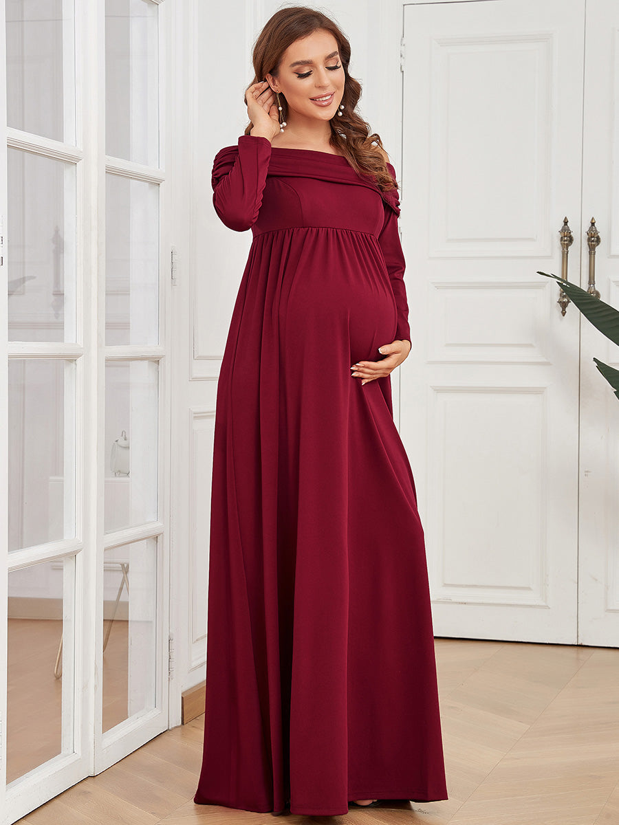 Color=Burgundy | Long Sleeves Floor Length A Line Wholesale Maternity Dresses-Burgundy 2