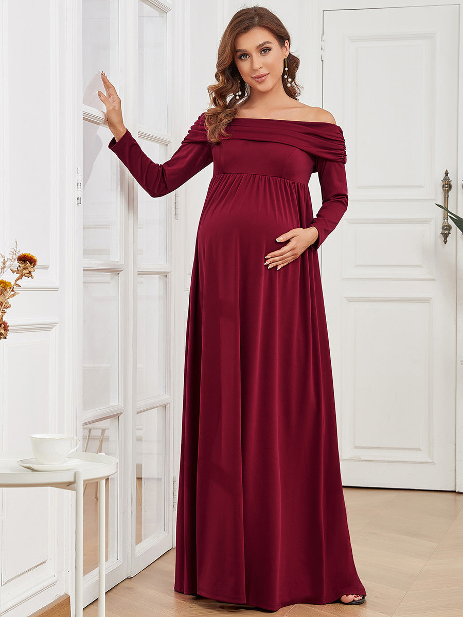 Color=Burgundy | Long Sleeves Floor Length A Line Wholesale Maternity Dresses-Burgundy 4
