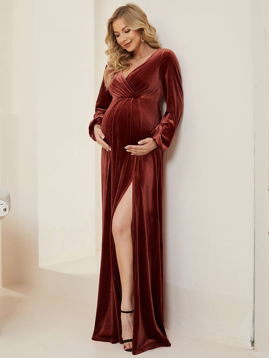 Color=brick-red | V-Neck Long Pagoda Sleeves Straight Wholesale Maternity Dresses-brick-red 3