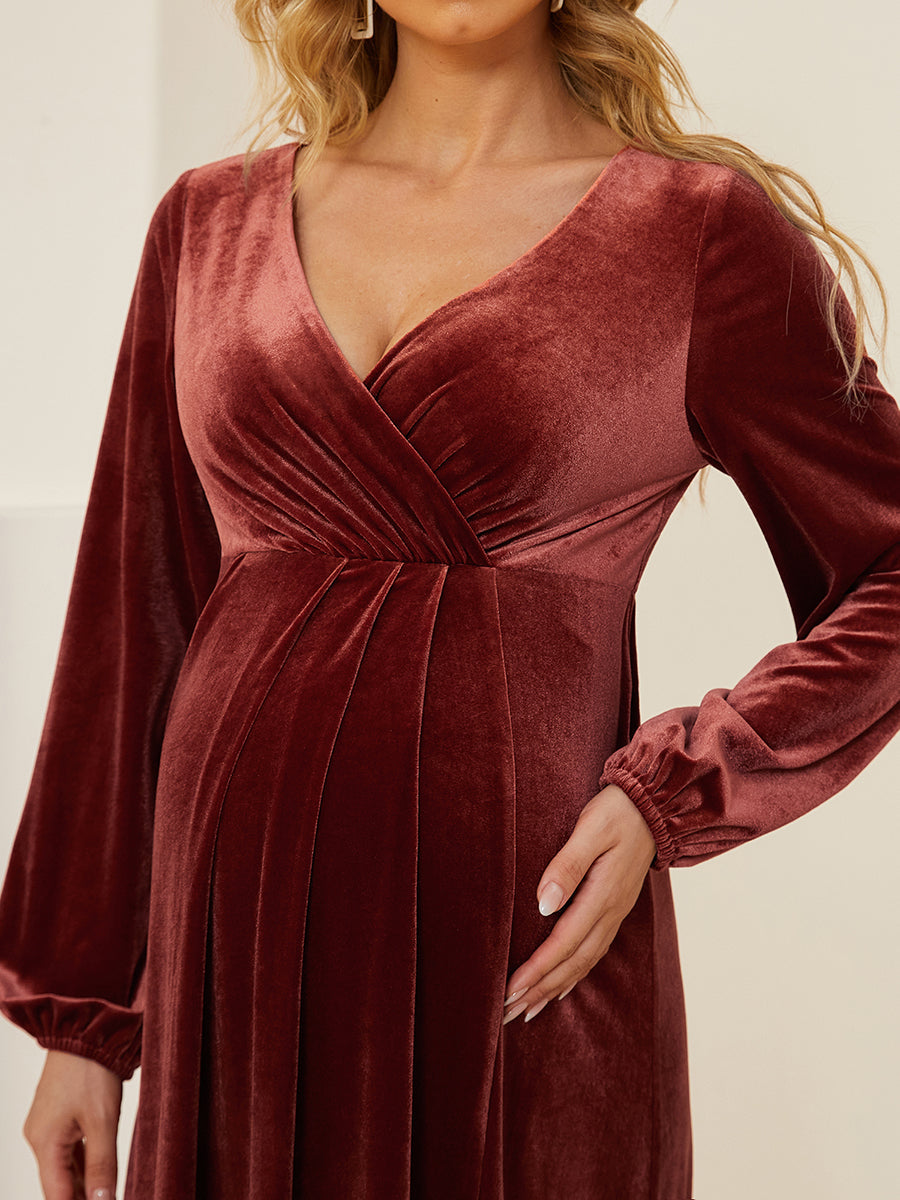 Color=brick-red | V-Neck Long Pagoda Sleeves Straight Wholesale Maternity Dresses-brick-red 5