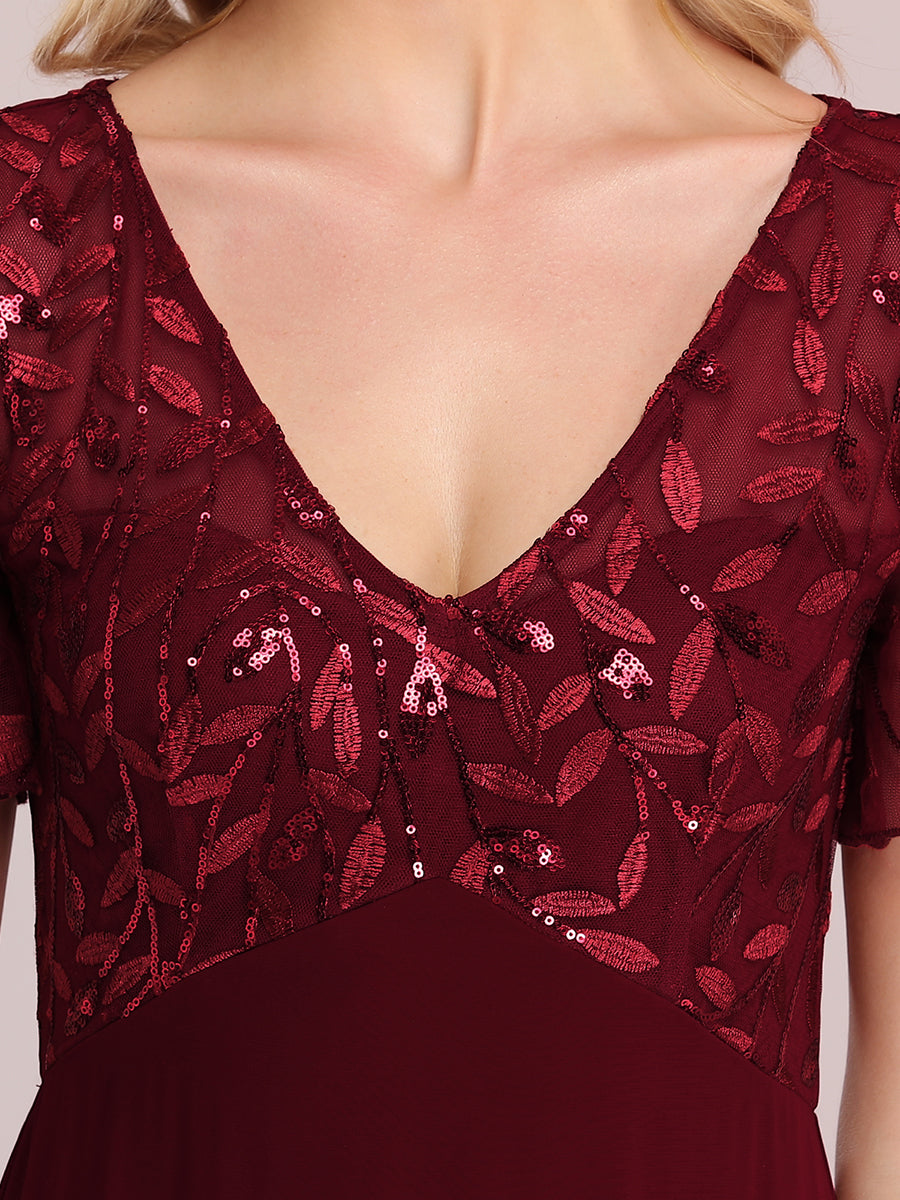 Color=Burgundy | Floral Lace Sequin Print Evening Dresses With Cap Sleeve Ez07706-Burgundy 9
