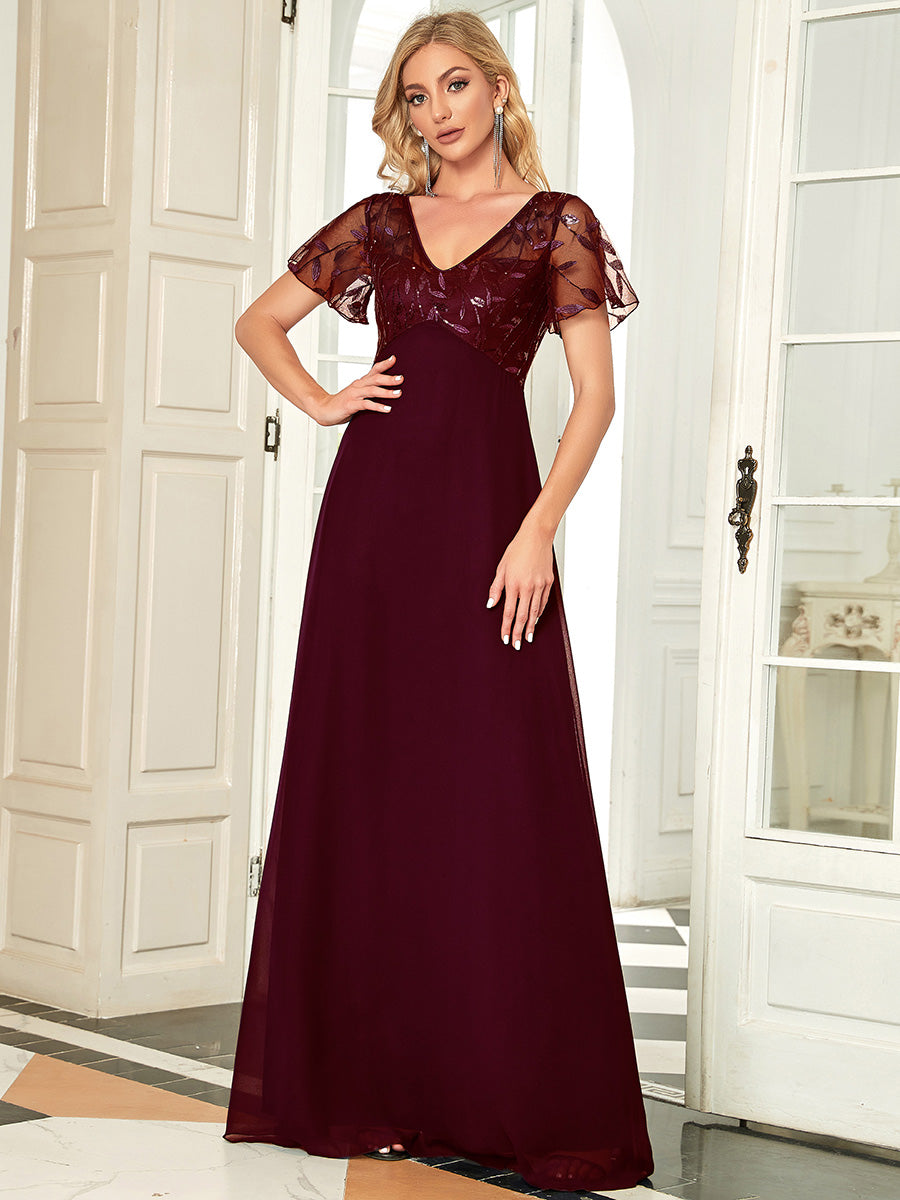 Color=Burgundy | Floral Lace Sequin Print Evening Dresses With Cap Sleeve Ez07706-Burgundy 5