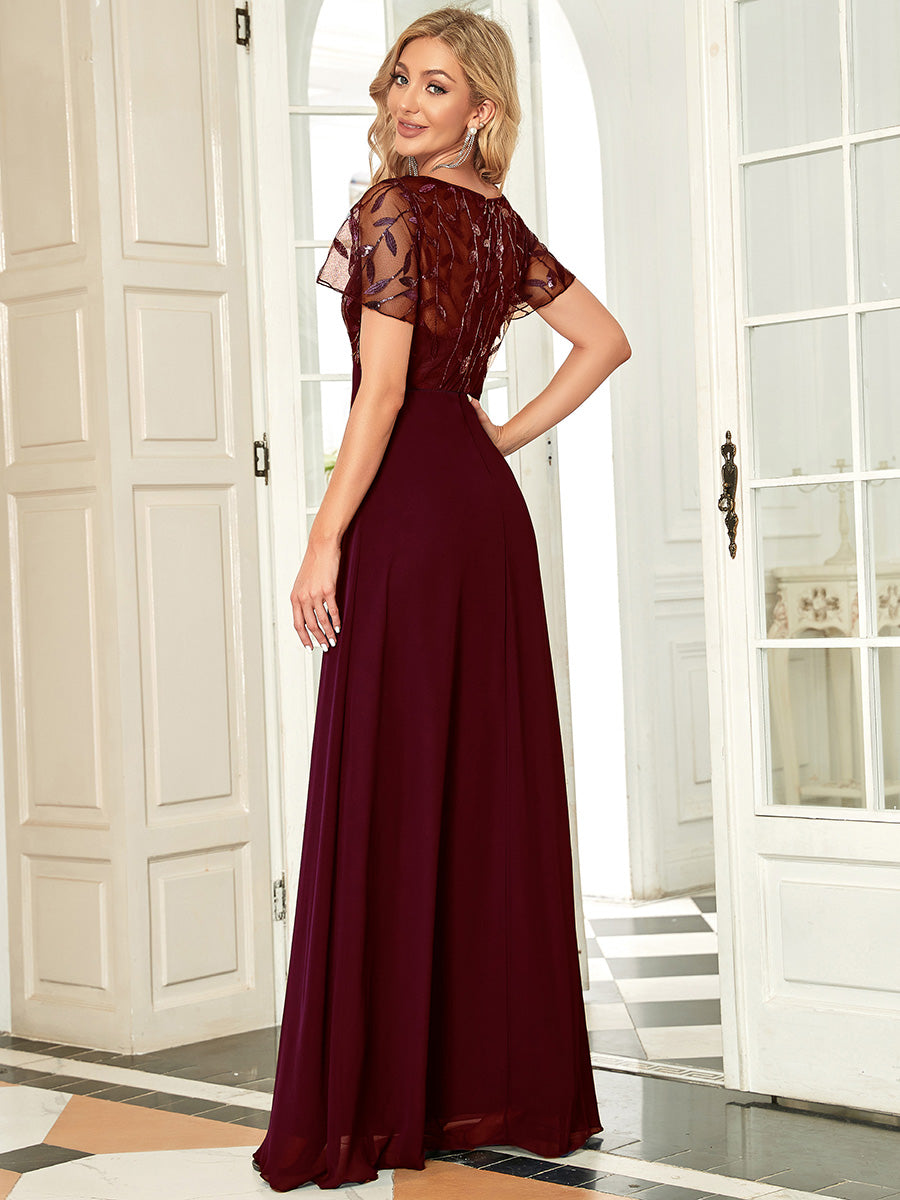 Color=Burgundy | Floral Lace Sequin Print Evening Dresses With Cap Sleeve Ez07706-Burgundy 6