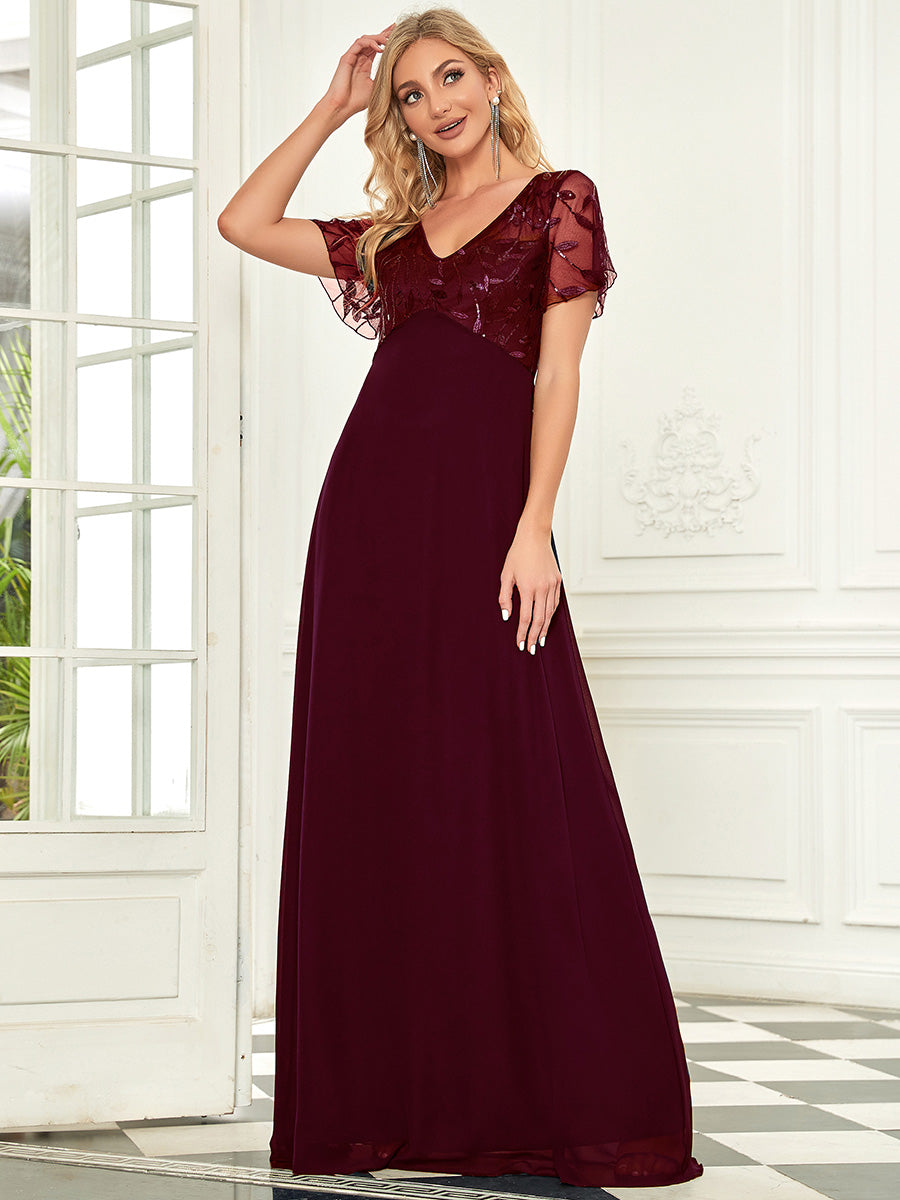 Color=Burgundy | Floral Lace Sequin Print Evening Dresses With Cap Sleeve Ez07706-Burgundy 8