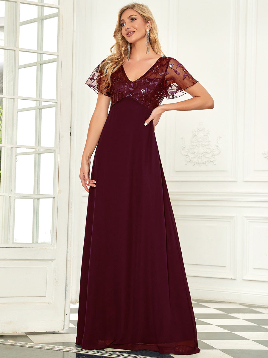Color=Burgundy | Floral Lace Sequin Print Evening Dresses With Cap Sleeve Ez07706-Burgundy 7