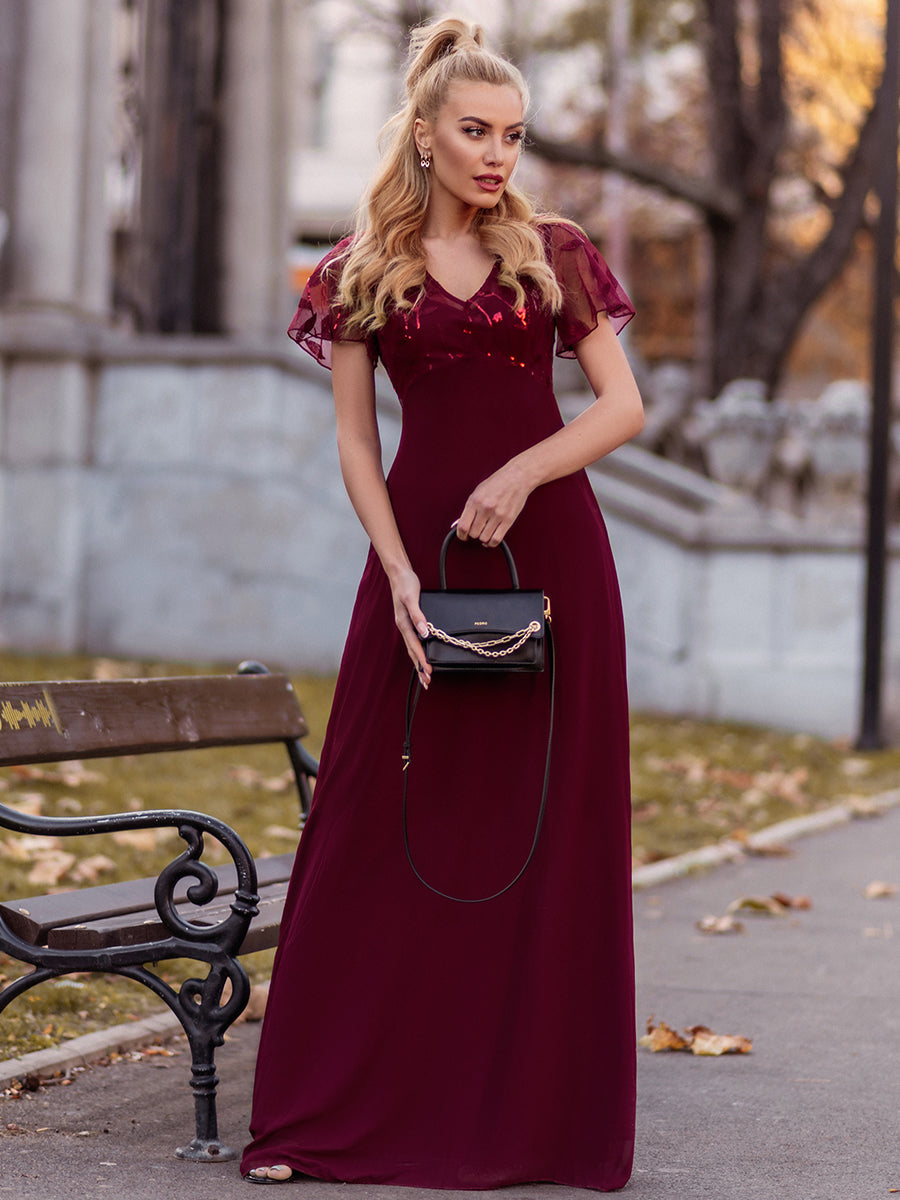 Color=Burgundy | Floral Lace Sequin Print Evening Dresses With Cap Sleeve Ez07706-Burgundy 1