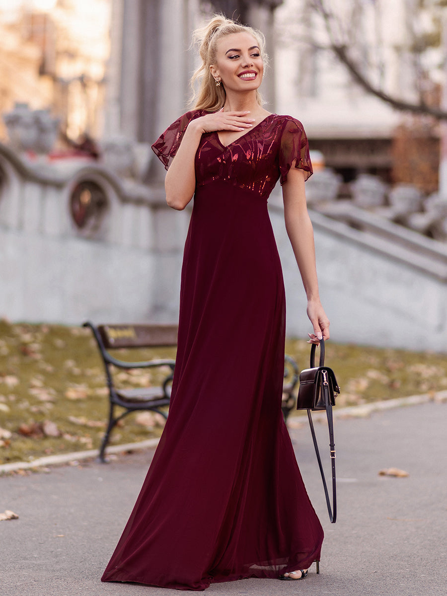 Color=Burgundy | Floral Lace Sequin Print Evening Dresses With Cap Sleeve Ez07706-Burgundy 2