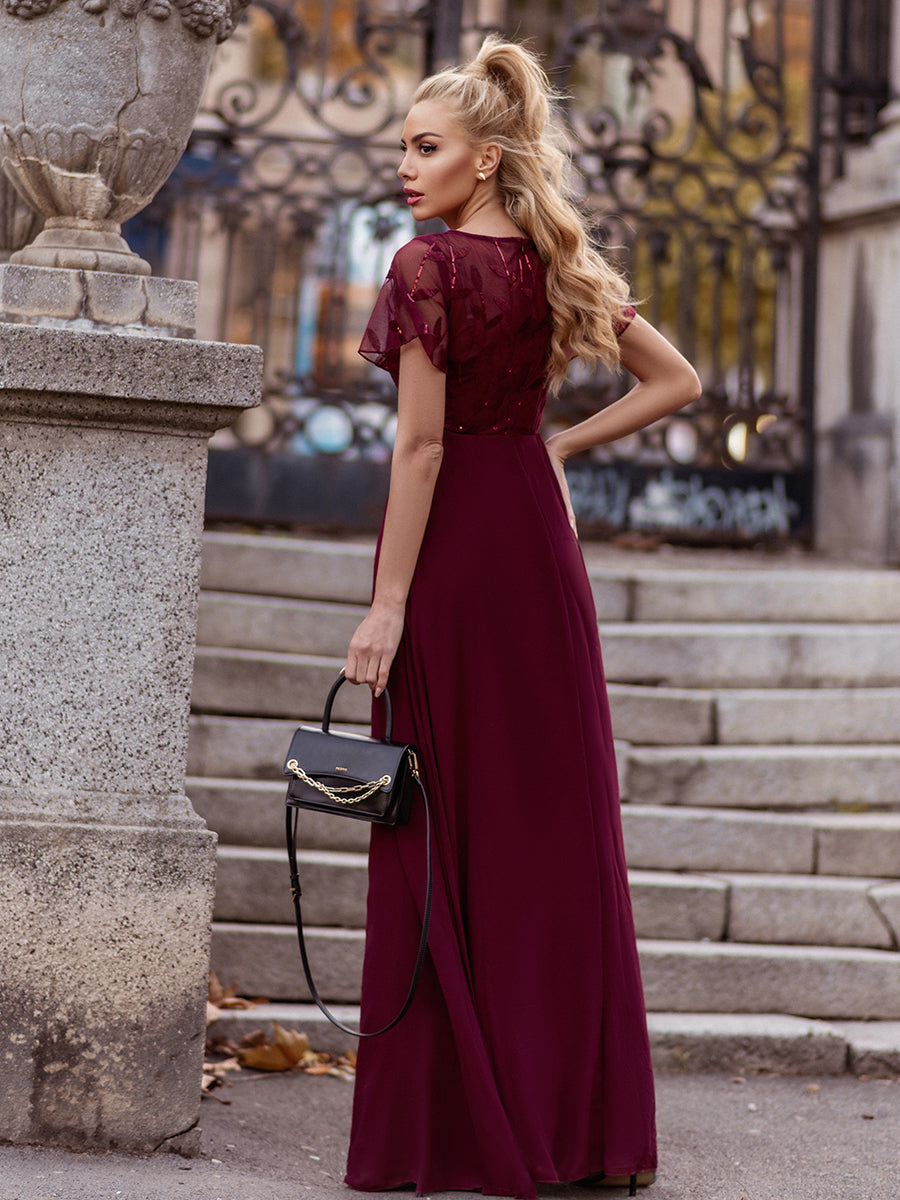 Color=Burgundy | Floral Lace Sequin Print Evening Dresses With Cap Sleeve Ez07706-Burgundy 4
