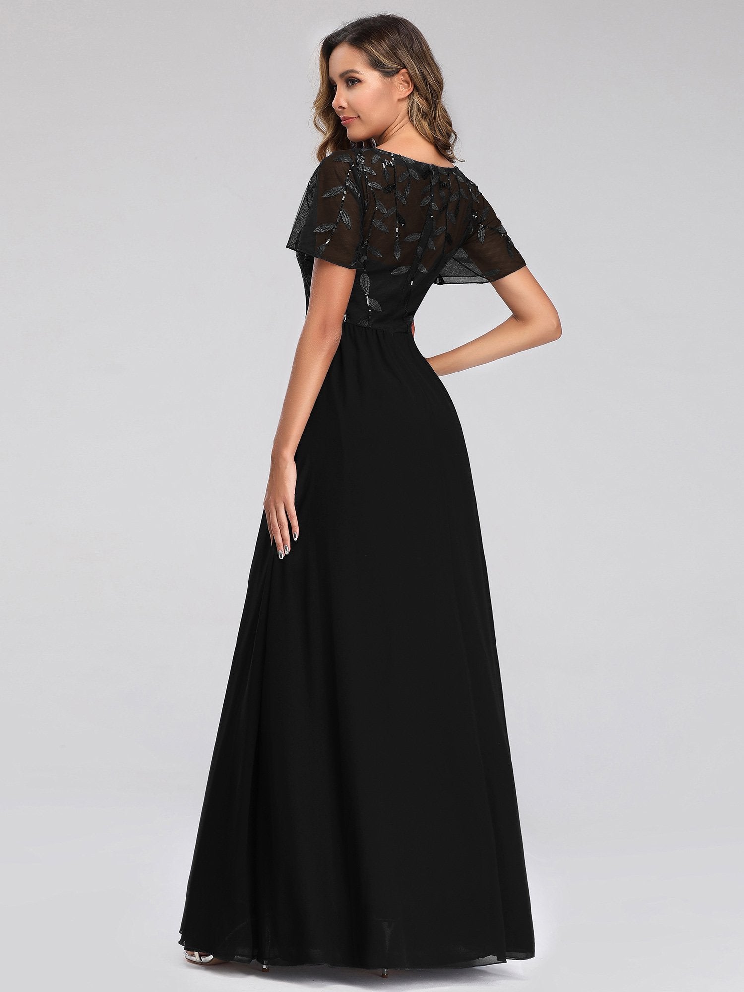 Color=Black | Floral Lace Sequin Print Evening Dresses  With Cap Sleeve Ez07706-Black 2