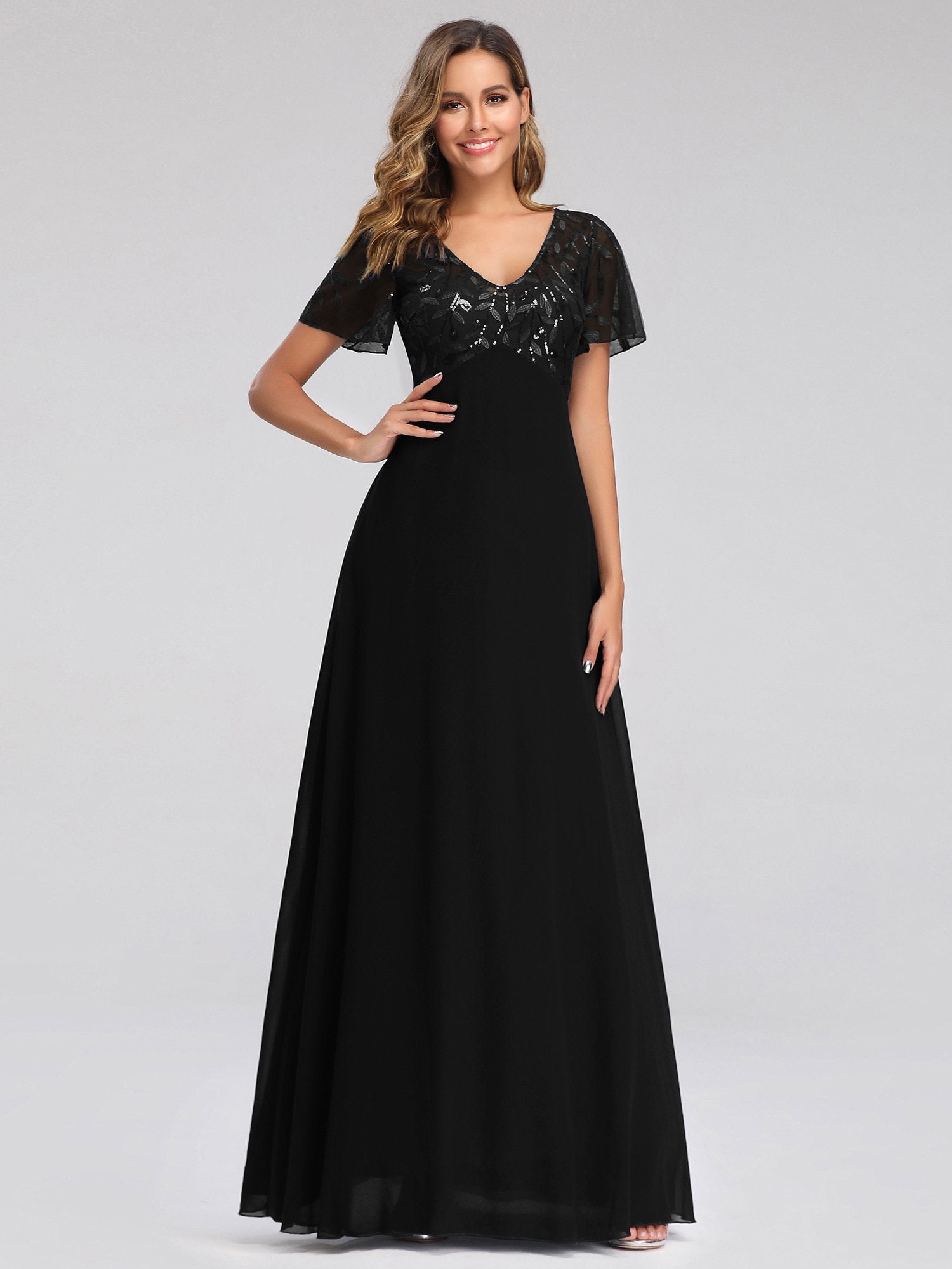 Color=Black | Floral Lace Sequin Print Evening Dresses  With Cap Sleeve Ez07706-Black 3