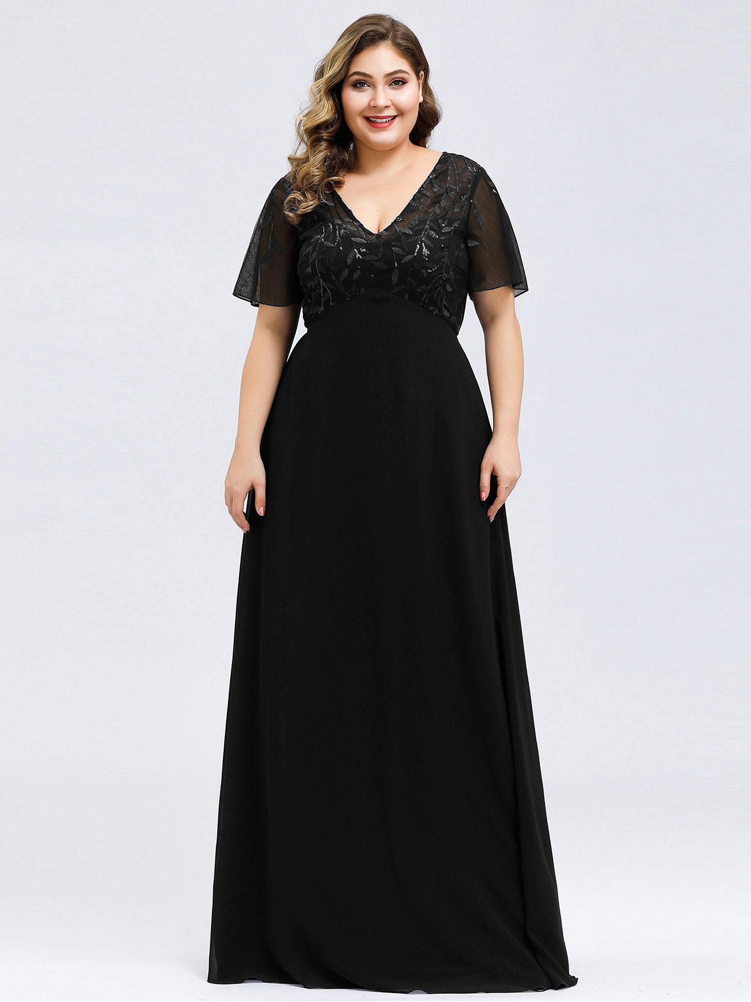 Color=Black | Plus Size Floral Lace Sequin Print Evening Dresses  With Cap Sleeve Ez07706-Black 4