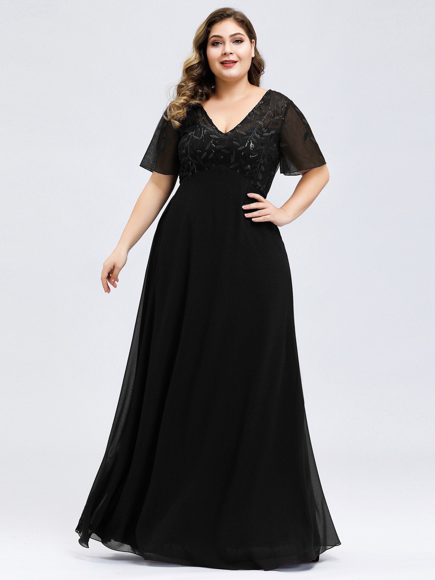 Color=Black | Floral Lace Sequin Print Evening Dresses  With Cap Sleeve Ez07706-Black 6